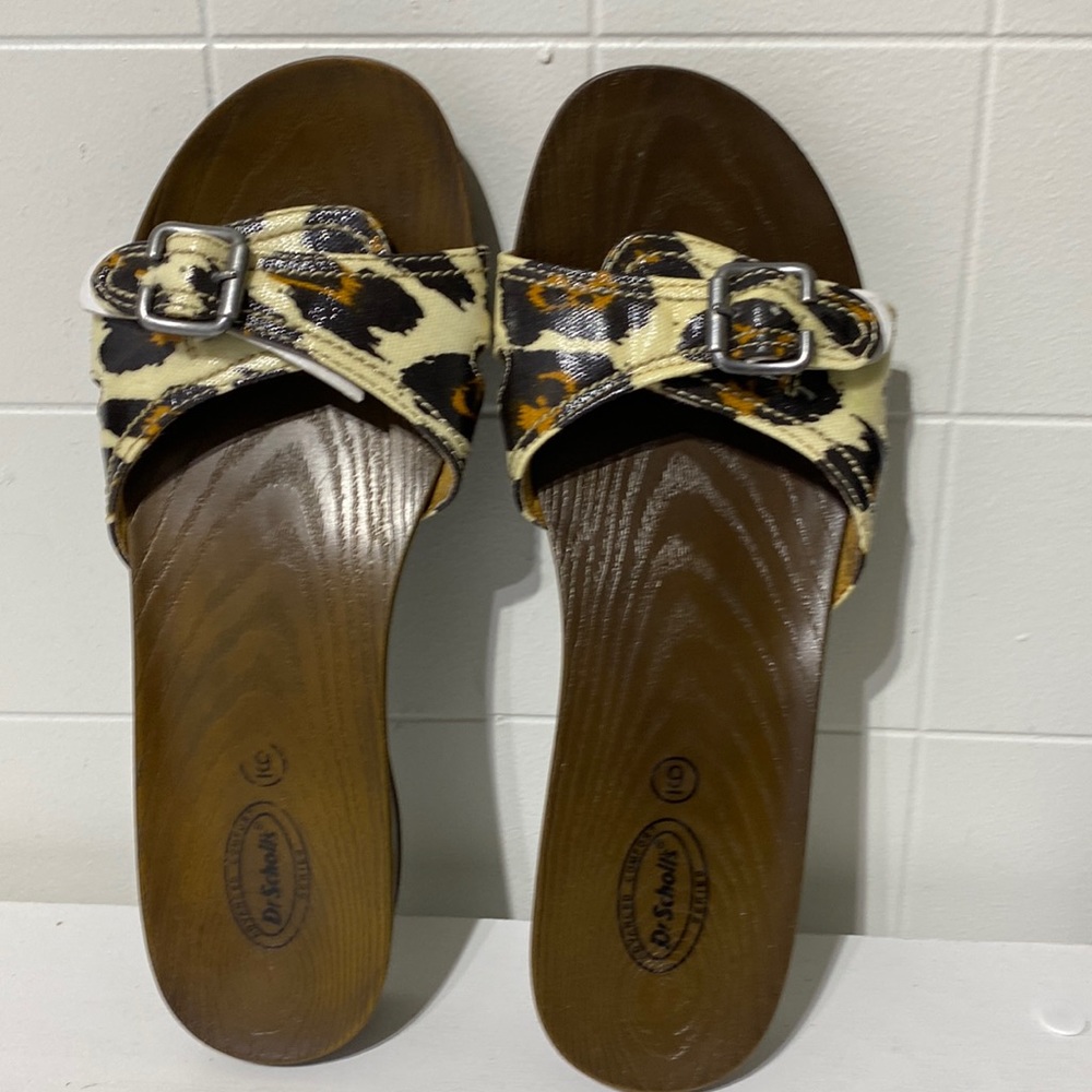 Dr Scholl's Land Slide Sandals Womens 9 Leopard Print Faux Leather Casual Buckle